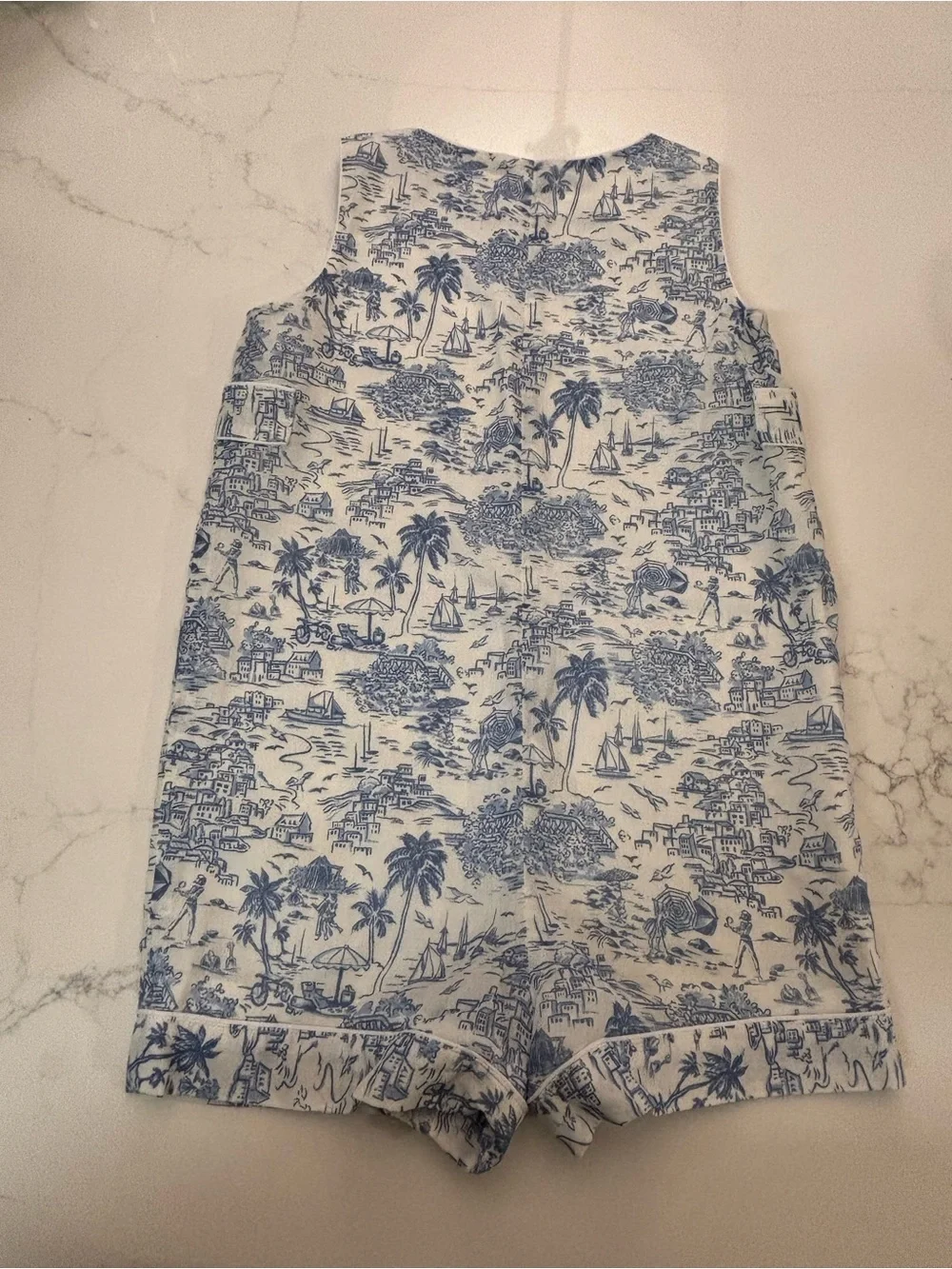 Ralph Lauren Blue and White Toile-Print Baby Sun Romper with Hat